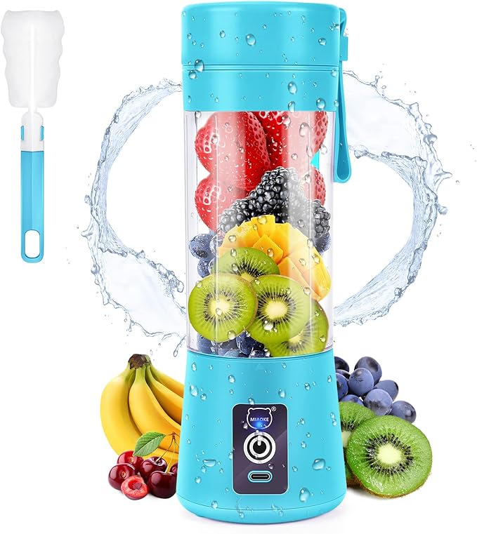 MIAOKE Portable Smoothie Blender, Personal Mini Juice Blender with Six Blades in 3D, USB Rechargeable Juicer Cup for Home/Office/Outdoors (Blue)