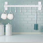 Dseap Kitchen Utensil Holder Hanger, Pot and Pan Rack Wall Mounted, Kitchen Rail with 8 Hooks for Hanging Cooking Utensils, Mugs, Spoons, Wall Mounted, White