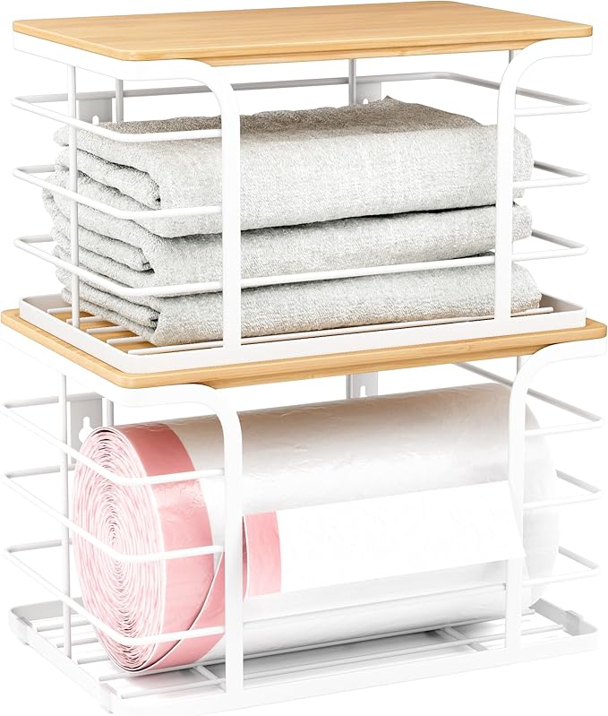 2 Pack Extra Large Stackable Pantry Organizer,Wall Mount Garbage Bag Holder Dispenser with Bamboo Top for Kitchen Laundry Room Organization,White