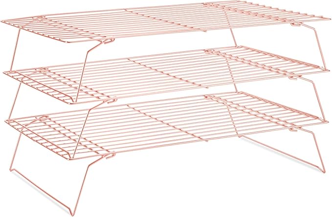 Cooling Rack for Baking 3 Tiers, 16" x 10" Cookie Cooling Wire Rack Stackable Collapsible Nonstick, Stainless Steel Baking Cooking Cooling Racks with Optimum Air Flow, Rose Gold