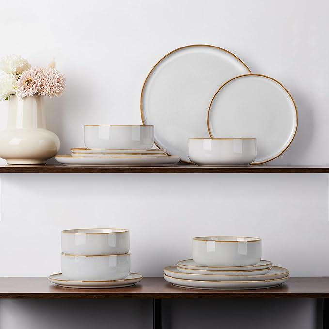 E-far Plates and Bowls Set for 4, 12-Piece Stoneware Dinnerware Sets, Ceramic Dinning Ware Reactive Glaze Dishes Set, Microwave & Dishwasher Safe - Seashell White