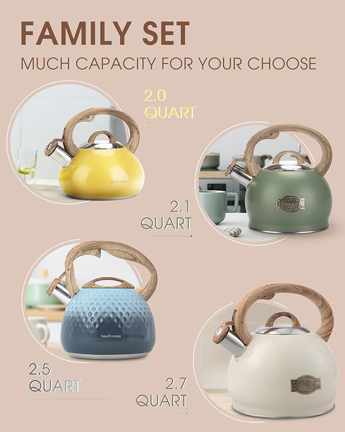 Tea Kettle Stovetop, 2.1 Quart Stove Top Whistling Tea Kettle, Teapot Kettles with Food Grade Stainless Steel and Wood Pattern Folding Handle, Suitable for All Heat Sources