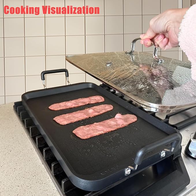 Vayepro 2 Burner Griddle Pan with Glass Lid, Stove Top Flat for Glass Stove Top, Aluminum Pancake, Non-Stick for Gas Grill, Double Burner Camping
