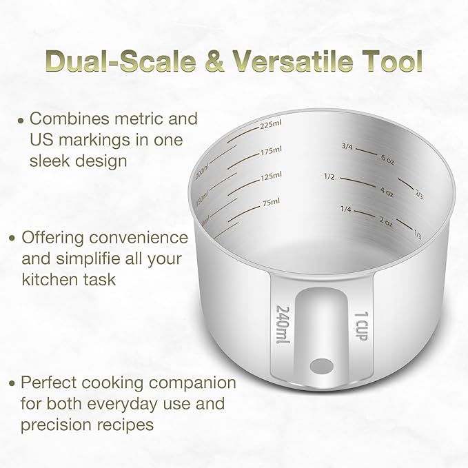 1PCS 1Cup (240ml, 8oz) Single Measuring Cup, Etched Inner Scale Stainless Steel Measure Scoop, Metric and US Measurement, Dishwasher Safe