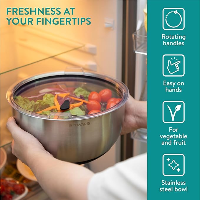 Navaris Salad Spinner with Storage Lid - Durable Stainless Steel Vegetable & Lettuce Dryer Set - Non-Slip Silicone Base - Includes Plastic Colander and Extra Storage Lid - Black