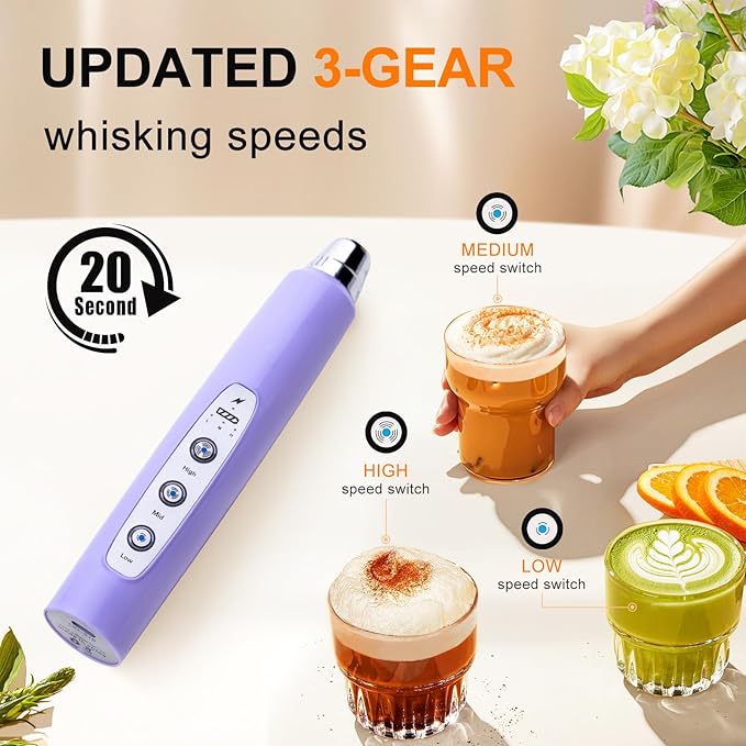 YUSWKO Light Purple Handheld Milk Frother Wand for Coffee, Rechargeable Electric Whisk with 3 Heads 3 Speeds Drink Mixer Coffee Frother For Latte, Cappuccino, Hot Chocolate, Egg