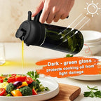 mqnxoi Oil Sprayer for Cooking, 2 in 1 Olive Oil Dispenser Bottle for Kitchen, 16oz/470ml Premium Glass, Food-grade Oil Mister for Air Fryer, Salad, Frying, BBQ (Black + Dark Green Bottle)