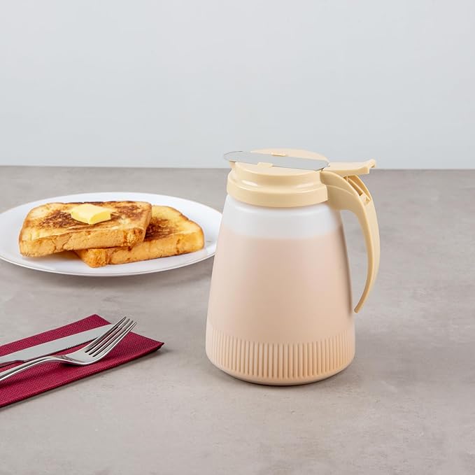 Restaurantware-Chef 101 48 Ounce All Purpose Syrup Dispenser, 1 Honey Dispenser - Beige Top, Stainless Steel Slide Cover, Plastic Pancake Syrup Bottle, Perfect For Diners, Restaurants, Home