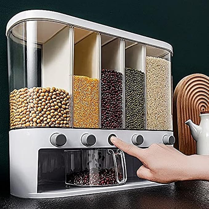 Dry Food Dispenser,Wall mounted 5 Grid Cereal Dispenser,Rice dispenser 25 pounds Kitchen Storage with Measuring Cup