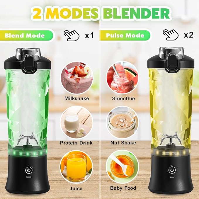Portable Blender Personal Juicer for Shakes and Smoothies - 20 OZ Electric Protein Shaker Bottle with 6 Blades, Travel Lid, USB-C Rechargeable - Mini Small Blender Cup for Kitchen, Office, Gym