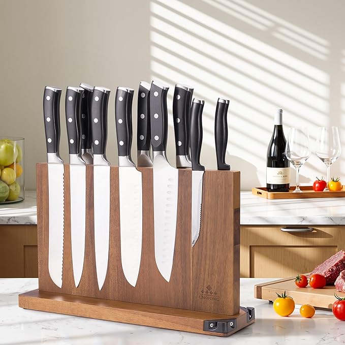 ENOKING 15.2" Extra Large Magnetic Knife Block with Dual Sharpeners, Acacia Wood Knife Holder & Display Stand with Strong Magnets