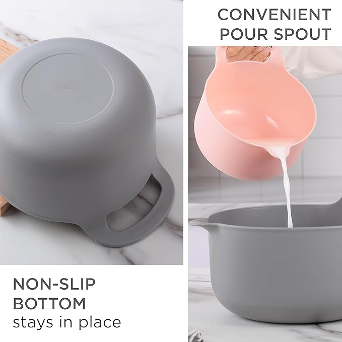 COOK WITH COLOR Nesting Plastic Mixing Bowl Set with Pour Spouts and Handles, Pink, 6 Piece Non-Slip