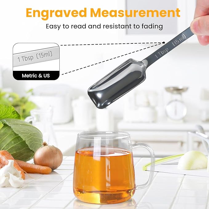 9 Pcs Measuring Spoons Set with Leveler, Metal Teaspoon & Tablespoon Measuring Spoons for Cooking & Baking, Fits in Spice Jars, Kitchen Gadgets for Dry & Liquid Ingredients