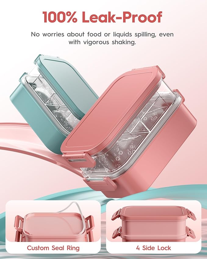 Adults Bento Box with Insulated Lunch Bag, 74oz Capacity 3 Stackable Leak-Proof Bento Box Built-In Utensil and Sauce, PFAS & BPA-Free, Microwave & Dishwasher Safe (Rose Pink)
