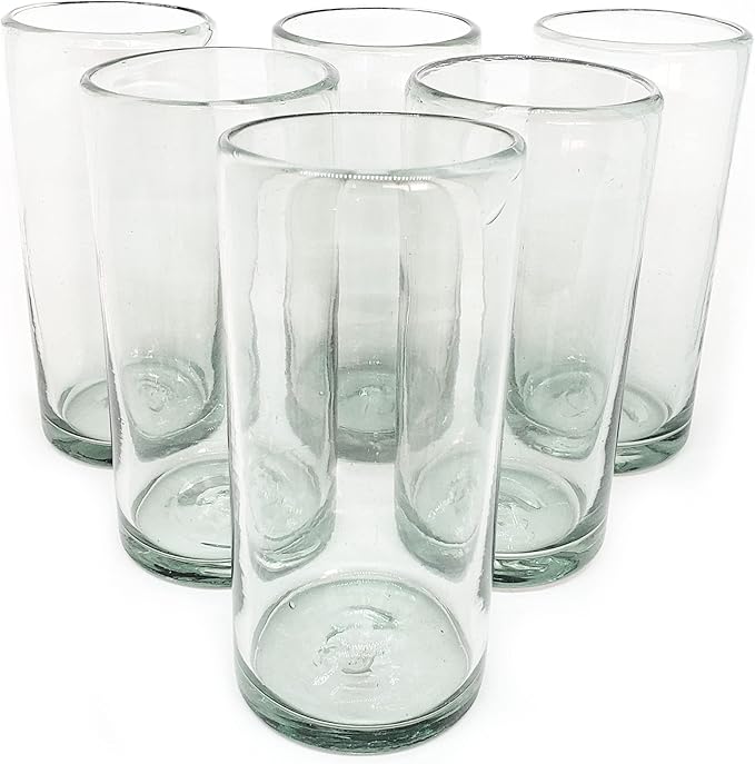 Clear 20 oz Tall Iced Tea Glasses (set of 6), Hand Blown Mexican Glassware, Recycled Glass Drinking Glasses, Lead-Free, Cocktail Margarita Glasses, Wine Glasses, Shot Glasses, Whiskey Glasses (IceTea)