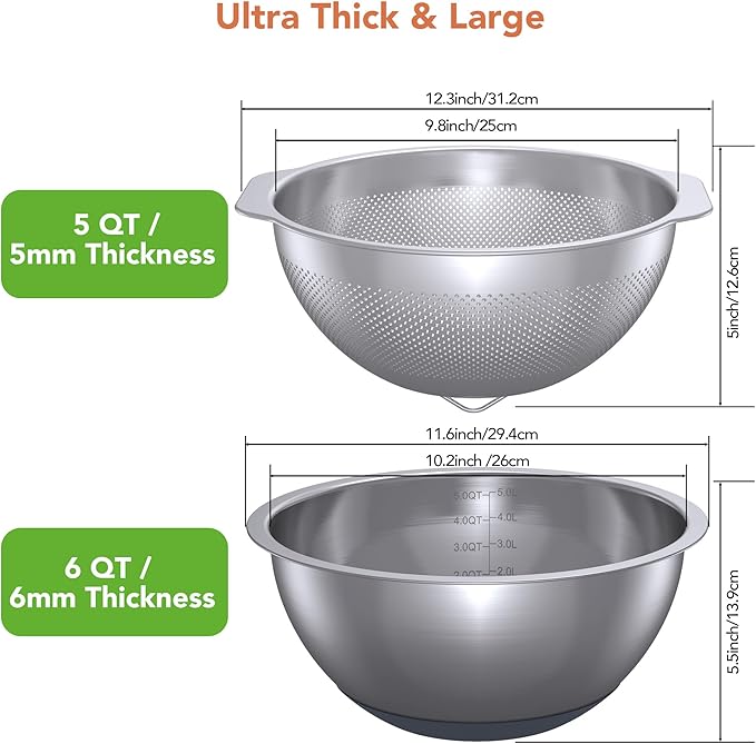 304 Stainless Steel Colander and Strainer, 5QT Large Capacity and 6QT Mixing Bowl, Micropore for Washing Rice, Fruit, and Cooked Pasta, Perfect Draining for Grain and Bean