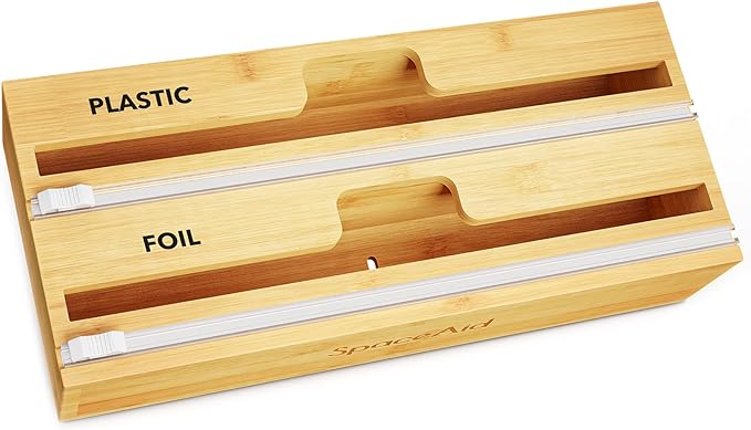 SpaceAid WrapNeat 2 in 1 Wrap Organizer with Cutter and Labels, Plastic Wrap, Aluminum Foil and Wax Bamboo Dispenser for Kitchen Storage Organization Holder for 12" Roll (Natural, 2-Slot)