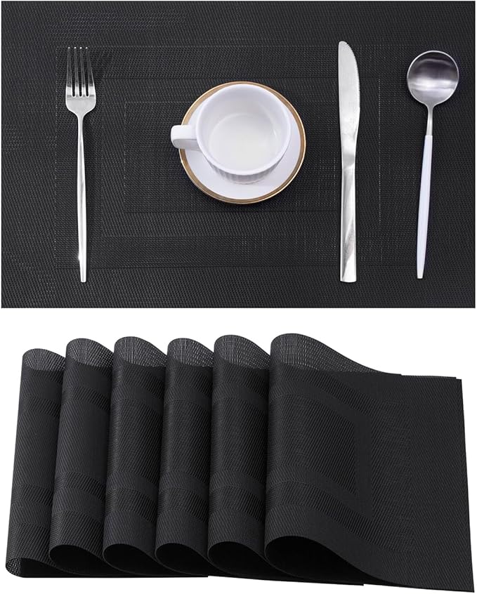 Leetaltree Black Frame Placemats Set of 6 - Heat Resistant Non-Slip Place mats for Dining Table, Washable Durable PVC Vinyl Woven Table Mats（Black Frame, 6）
