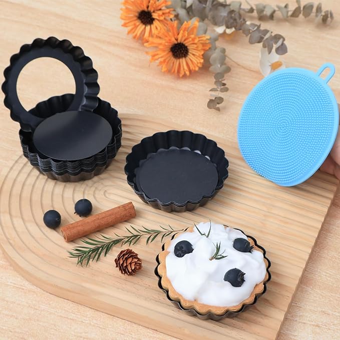 Mini Tart Pans Removable Bottom: Nonstick 4 Inch Quiche Pan Fluted Edge Set of 16 - Sturdy Carbon Steel Tart Molds for Baking - Easy Loose for Pie/Fruit/Egg/Cake - Suitable for Home Bakers