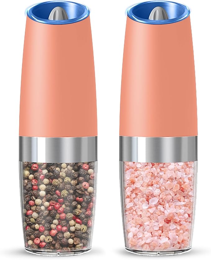 Gravity Electric Salt And Pepper Grinder Set, Automatic Salt And Pepper Grinder Set, Battery Powered (6 AAA Batteries Each), Adjustable Roughness, LED Light, 2 Pack, (Pink)
