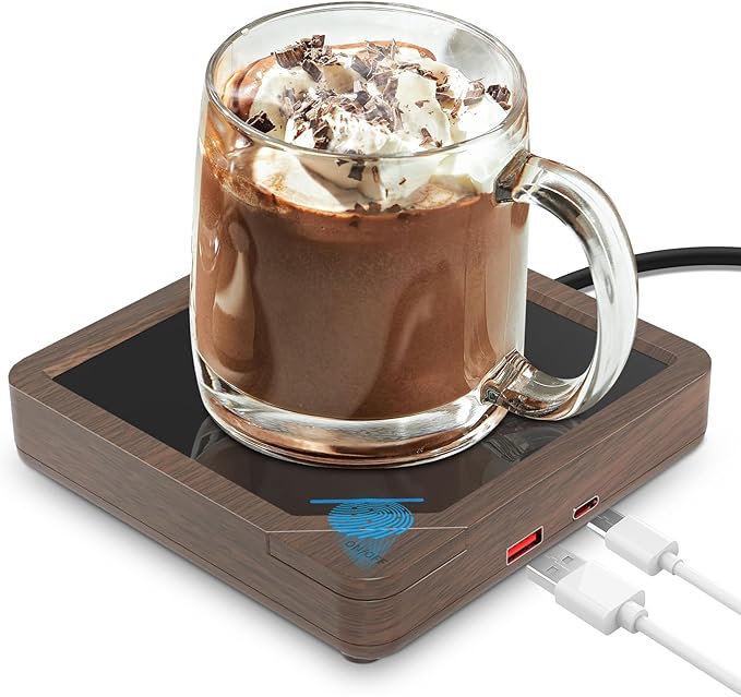 Coffee Mug Warmer with 2 USB Charging Ports: Auto Shut-Off Candle Wax Warmer - Heated Beverage Coffee Accessories for Home Office Desk - U1 Wood