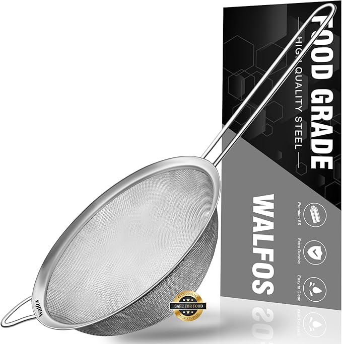 Walfos 7.8 Inch Fine Mesh Strainer, Premium Stainless Steel Colanders and Sifters, with Reinforced Frame and Sturdy Handle, Perfect for Sift, Strain, Drain and Rinse Vegetables, Pastas and Tea