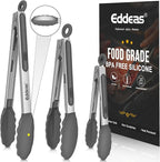 Kitchen Tongs with Silicone Tips - Heat Resistant 600 Degrees Stainless Steel Locking Cooking Tongs with Rubber Tips, Non-Stick Food Tongs for Cooking, Heavy Duty, Set of 3-7" 9" and 12" Grey