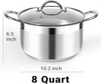 Kirecoo Stainless Steel Stock Pot - 8 Quart Heavy Duty Induction Cooking Pot with Visible Lid for Pasta, Soup, Spaghetti, Nonstick Thick Bottom Big Stockpot, Deep Cookware for Canning, Boiling, Simmer