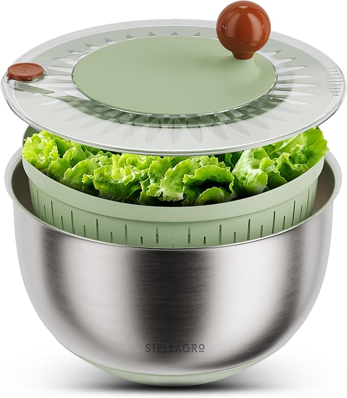 Stainless Steel Salad Spinner Large - Fruit and Vegetable Wash Bowl with Strainer - Lettuce Spinner, Fruit Cleaner, Collapsible Salad Dryer 5.3 Quart Capacity