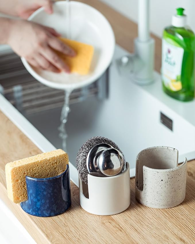 Kitchen Sponge Holder, Ceramic Sponge Organizer Scrubby Holder Sink Caddy Dish Rack for Kitchen and Bathroom, Farmhouse Decor, Blue