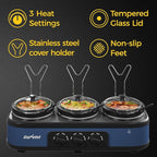 Triple Slow Cooker, Buffet Food Warmer with 3 x 1.5 QT Removable Ceramic Pots, Buffet Servers and Warmers with Glass Lids and 3 Spoons, Stainless Steel, Blue
