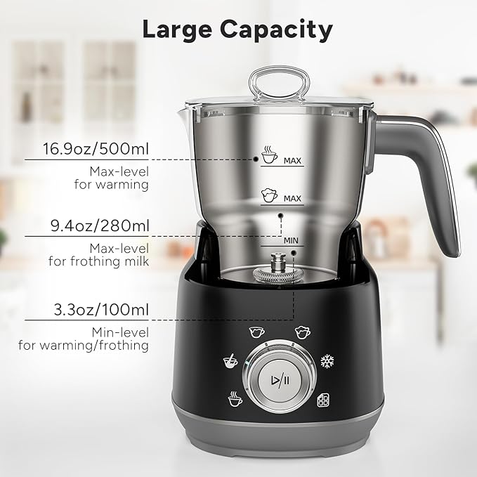 6-in-1 Electric Milk Frother and Steamer with Detachable Cups, Automatic Cold and Warm Foam Maker for Lattes/Cappuccinos/Hot Chocolate, Dishwasher Safe Black