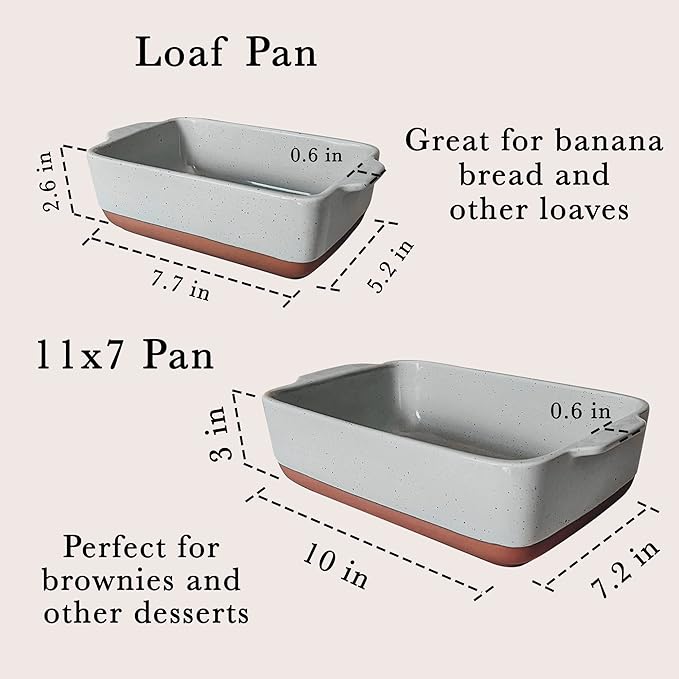 Mora Ceramic Set of 2 Baking Dishes For Casserole, Banana Bread, Brownies, Broiling, Roasting, and Baking. 7x11 in and Loaf Pans - Porcelain Serving Bakeware from Oven to Table. Freezer Safe - Grey