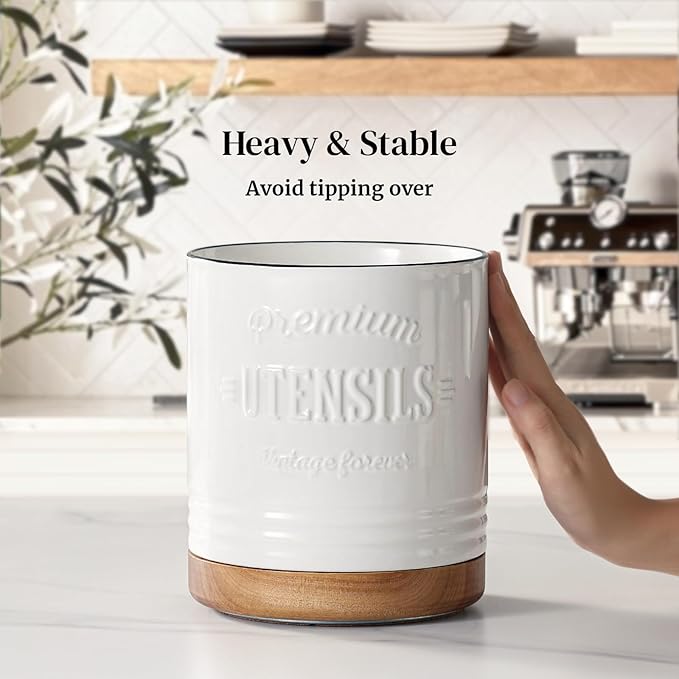 DOWAN 360° Rotating Extra Large Cooking Utensil Holder, 7.6" Kitchen Utensil Holder for Countertop, Utensil Crock for Farmhouse Kitchen Decor, Ceramic Stable Utensil Caddy, White Text