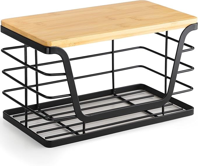 ALOCEO Small Wall Basket, Stainless Steel Adhesive Cabinet Door Organizer with Bamboo Top for Kitchen, Cabinet, Pantry, Black