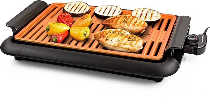 OVENTE Electric Indoor Grill with 15x10 Inch Non-Stick Cooking Surface, 1200W Fast Heat Up Power, Adjustable Temperature, Removable and Dishwasher Safe Grilling Plate and Drip Tray, Copper GD1510NLCO