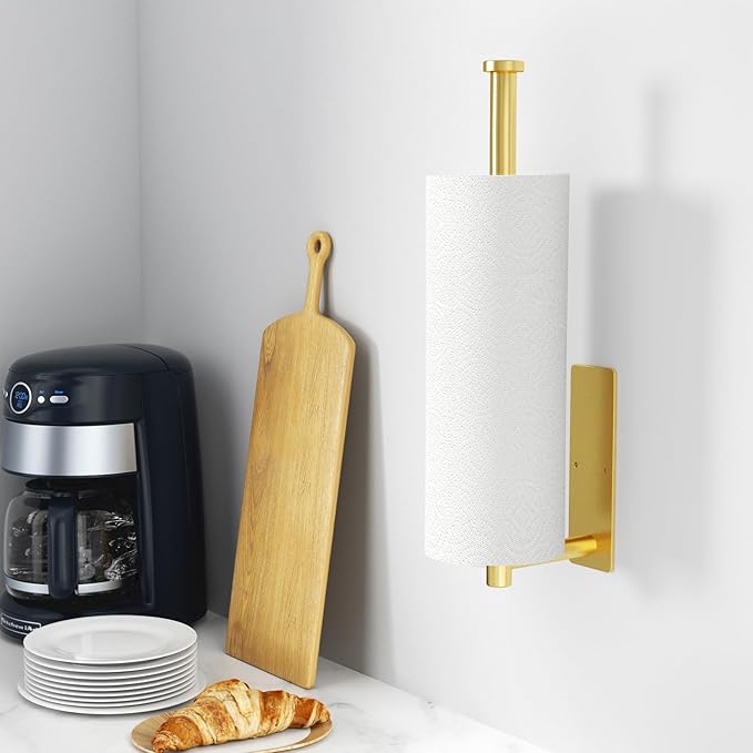 Paper Towel Holder - Self-Adhesive or Drilling, Gold, Wall Mounted, SUS304 Stainless Steel Kitchen Roll Dispenser Under Cabinet