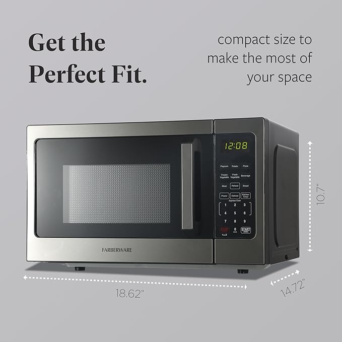 Farberware 0.9 Cu. Ft. Countertop Microwave Oven – 900 Watts Power, Auto Cook Settings, Defrost, Easy Clean and Child Safety Lock - Stainless Steel
