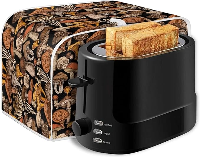 JEOCODY Mushroom Print Toaster Cover for 2 Slice Wide Slot Bread Maker - Small Appliance Dust Protection With Handle for Kitchen, Washable