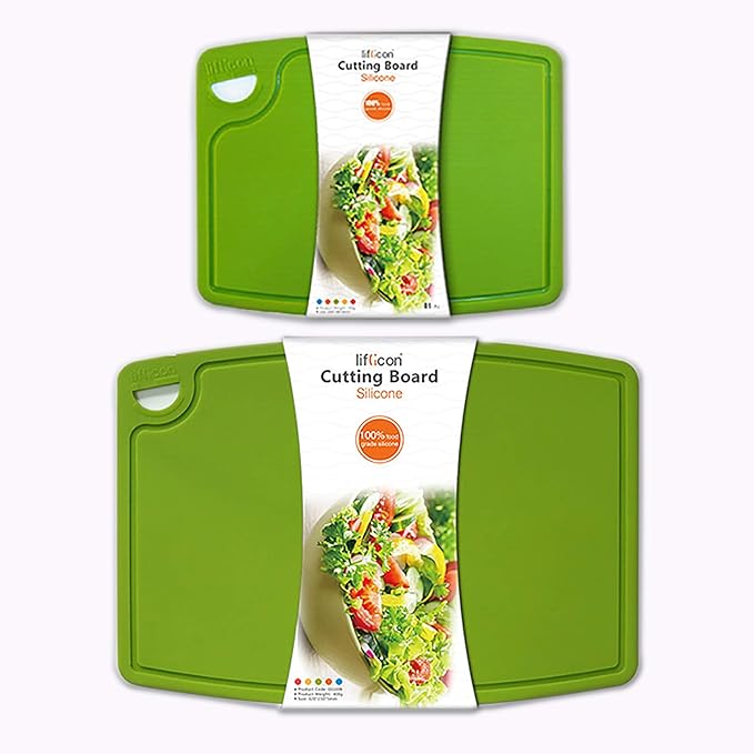 Liflicon Thick Cutting Boards for Kitchen Silicone Chopping Board Set of 2 Mid 12.6'' x 9.1”,Mini 9.1”x7.1” Non-slip Deep Drip Juice Groove Easy Grip Handle,Dishwasher Safe-Green
