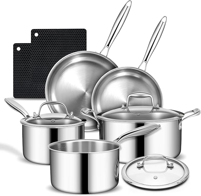 3 Ply Stainless Steel Cookware Set, AIVIKI 10-Pieces Pots and Pans Set, Induction Kitchen Cookware Set, Oven Safe to 500℉, Chef Quality Cooking Set w/Fry Pans, Saucepans, Dutch Oven, Kitchen Essential