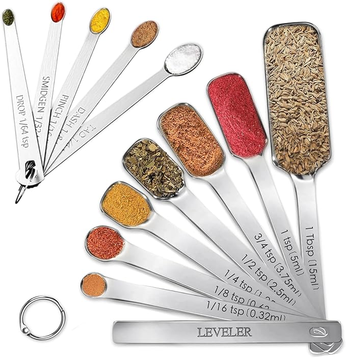 Stainless Steel Measuring Spoons Set of 13, Includes 7 Rectangular Measuring Spoons, 1 Leveler & 5 Tiny Spoons, Compact Spoons Design for Spice Jars, Ideal for Dry and Liquid Ingredients
