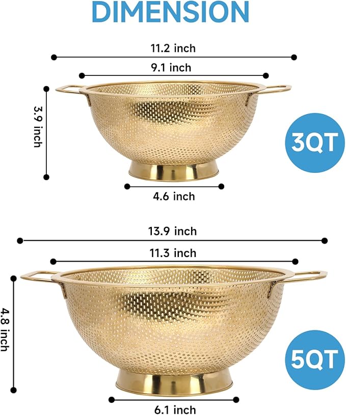 Gold Strainer for Kitchen, 3QT, Stainless Steel Colander with Handle for Fruits Vegetables Cooking Food, Dishwasher Safe