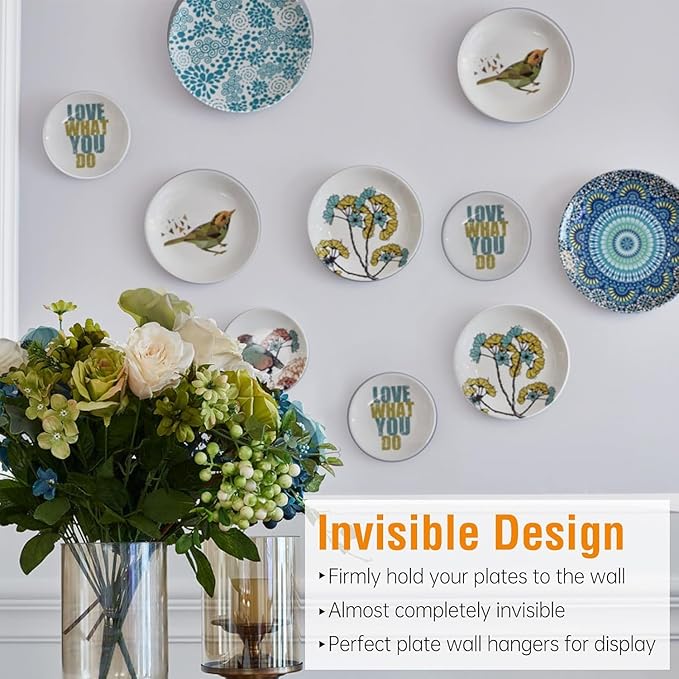 Bilillo 14 pcs Plate Hangers for The Wall, 4/6/8/10/12 Inch Invisible Plates Hangers, Stainless Steel Plate Wall Holders for Display Various Sizes with Hooks for Decorative Black