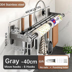 Hanging Wall Mount knife Wall Mount, Kitchen Organizer Storage Shelf for Utensils Spatula Spoon, Space-Saving Knife Rack with Hooks,Wall-Mounted Utensil Holder (Grey, 40CM+Three Poles+6Hooks)