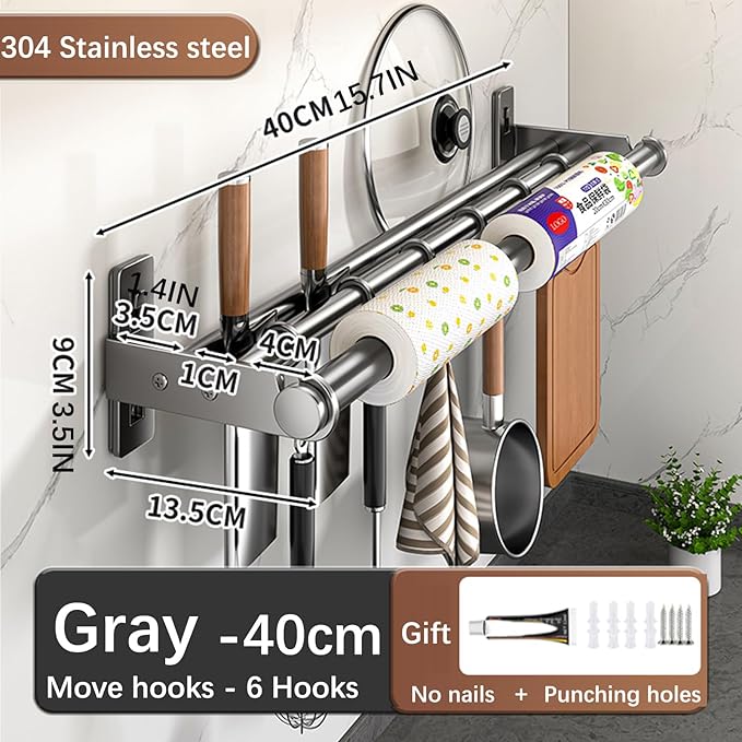 Hanging Wall Mount knife Wall Mount, Kitchen Organizer Storage Shelf for Utensils Spatula Spoon, Space-Saving Knife Rack with Hooks,Wall-Mounted Utensil Holder (Grey, 40CM+Three Poles+6Hooks)