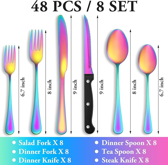 48 Pcs Rainbow Silverware Set with Steak Knives Service for 8,Stainless Steel Flatware Set,Mirror Polished Cutlery Utensil Set, Kitchen Eating Tableware,Include Fork Knife Spoon Set,Dishwasher Safe