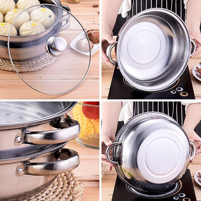 Steamer Pot with Lid, Multipurpose Stainless Steel Steaming Pot Cookware - 11-inch for Vegetables, Stews, Pasta, Dumplings, Sauce