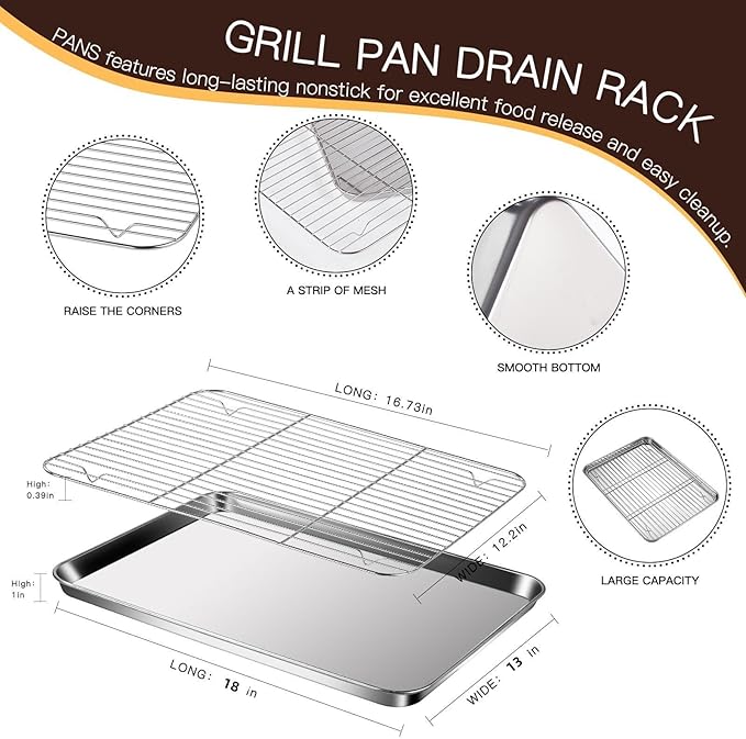 Baking Sheet with Racks Set [2 Sheets + 2 Racks], Stainless Steel Baking Sheets with Cooling Racks, Nonstick Pan, Warp Proof & Rust Proof & Easy to Clean, Size 18 X 13 X 1 Inch