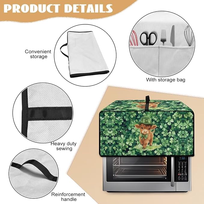 Highland Cow Four Leaf Clover Print Toaster Oven Cover Microwave Cover for Kitchen Countertop Appliance Dust Protector Decorative Oven Accessories for St. Patrick's Day Decor, Green, L